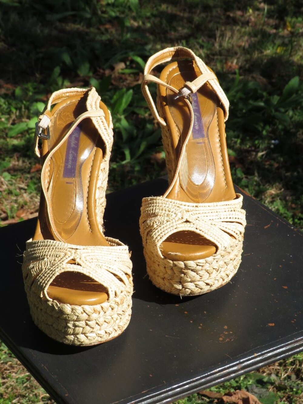 Ralph Lauren Collection Raffia Platform Sandals Block Heels | Size 7.5B